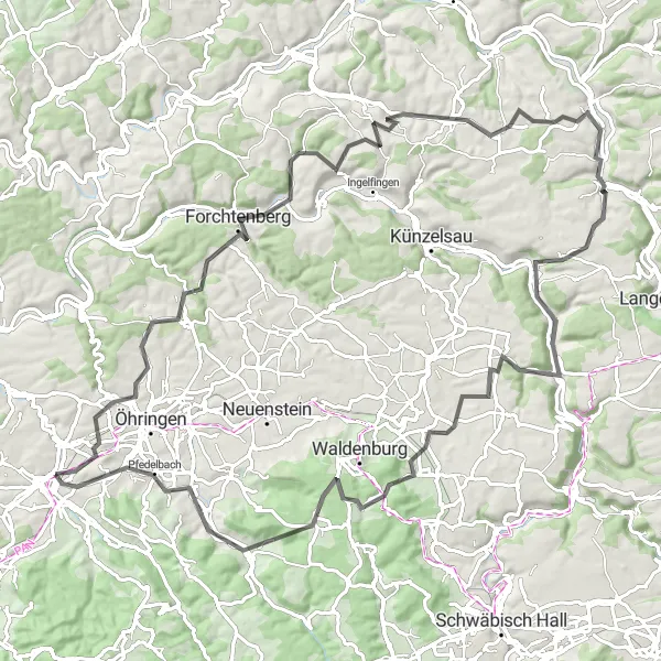 Karten-Miniaturansicht der Radinspiration "Hohenloher Hügelland Runde" in Stuttgart, Germany. Erstellt vom Tarmacs.app-Routenplaner für Radtouren