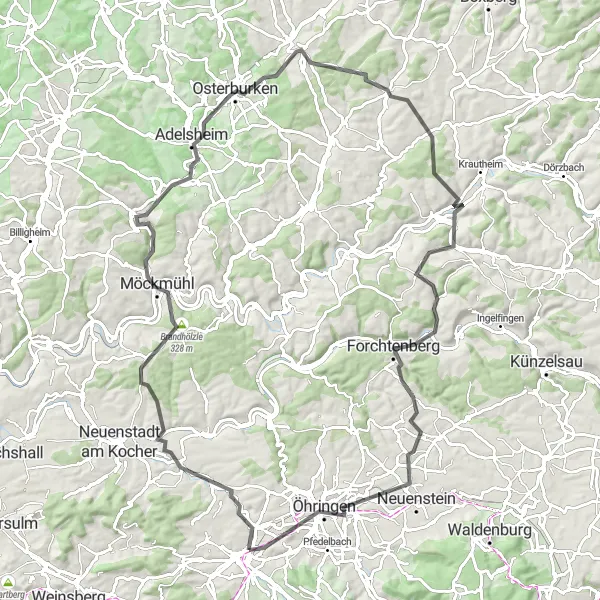 Map miniature of "Adelsheim countryside tour" cycling inspiration in Stuttgart, Germany. Generated by Tarmacs.app cycling route planner
