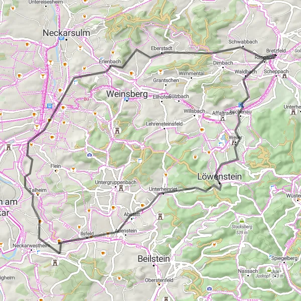 Map miniature of "Leisurely Löwenstein" cycling inspiration in Stuttgart, Germany. Generated by Tarmacs.app cycling route planner