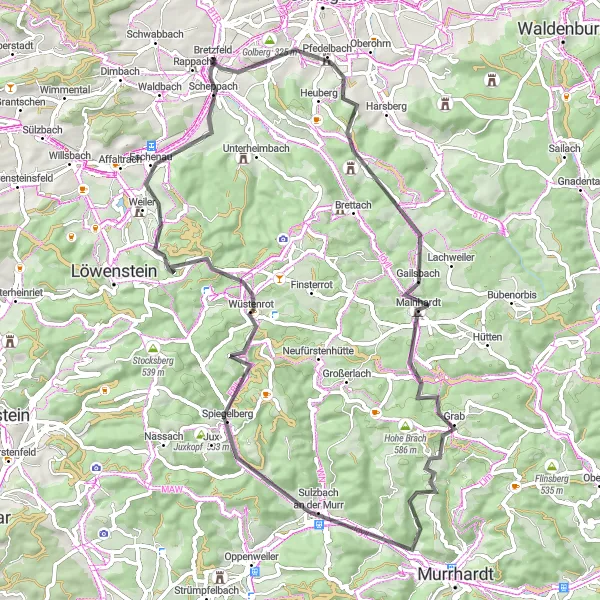Map miniature of "Bretzfeld and Surroundings" cycling inspiration in Stuttgart, Germany. Generated by Tarmacs.app cycling route planner