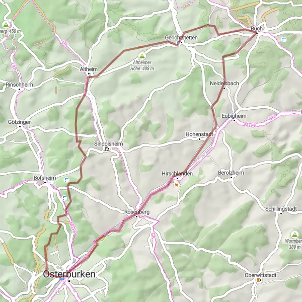 Map miniature of "Ahorn Forest Gravel Loop" cycling inspiration in Stuttgart, Germany. Generated by Tarmacs.app cycling route planner