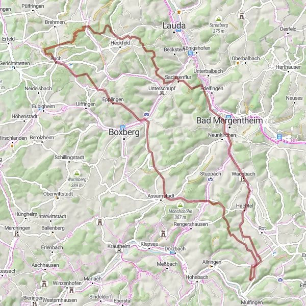 Map miniature of "Ahorn Forest Extended Gravel Tour" cycling inspiration in Stuttgart, Germany. Generated by Tarmacs.app cycling route planner