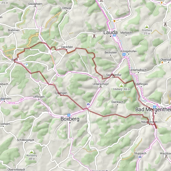 Map miniature of "Buch am Ahorn to Gräffingen Gravel Ride" cycling inspiration in Stuttgart, Germany. Generated by Tarmacs.app cycling route planner