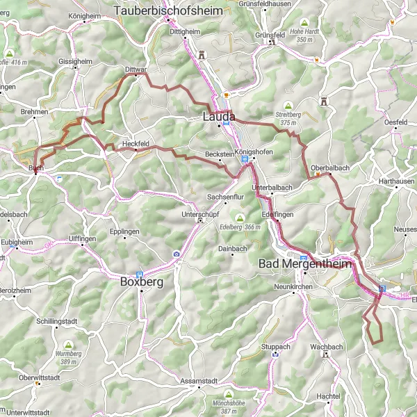 Map miniature of "Buch am Ahorn to Sailberg Gravel Expedition" cycling inspiration in Stuttgart, Germany. Generated by Tarmacs.app cycling route planner