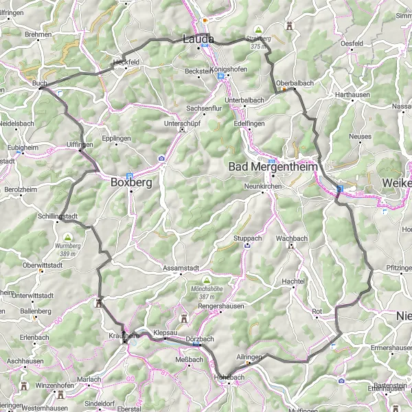 Map miniature of "Buch am Ahorn to Kailberg Road Cycling Expedition" cycling inspiration in Stuttgart, Germany. Generated by Tarmacs.app cycling route planner