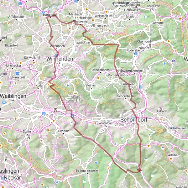 Karten-Miniaturansicht der Radinspiration "Gravel-Route durch Schorndorf und Winnenden" in Stuttgart, Germany. Erstellt vom Tarmacs.app-Routenplaner für Radtouren