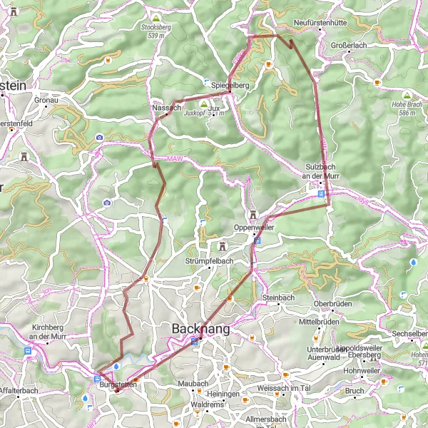 Map miniature of "Exploring the Hills of Burgstetten" cycling inspiration in Stuttgart, Germany. Generated by Tarmacs.app cycling route planner