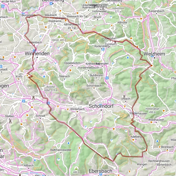 Karten-Miniaturansicht der Radinspiration "Weissach im Tal - Roter Burren - Manolzweiler Round-Trip" in Stuttgart, Germany. Erstellt vom Tarmacs.app-Routenplaner für Radtouren