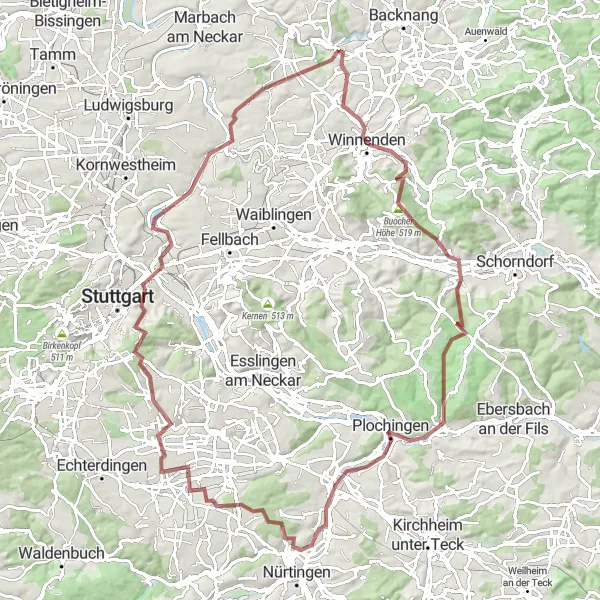 Map miniature of "Winnenden to Fellbach Gravel Journey" cycling inspiration in Stuttgart, Germany. Generated by Tarmacs.app cycling route planner