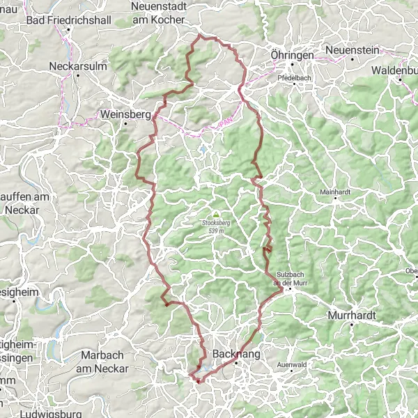 Karten-Miniaturansicht der Radinspiration "Gravelrunde ums Backnanger Land" in Stuttgart, Germany. Erstellt vom Tarmacs.app-Routenplaner für Radtouren