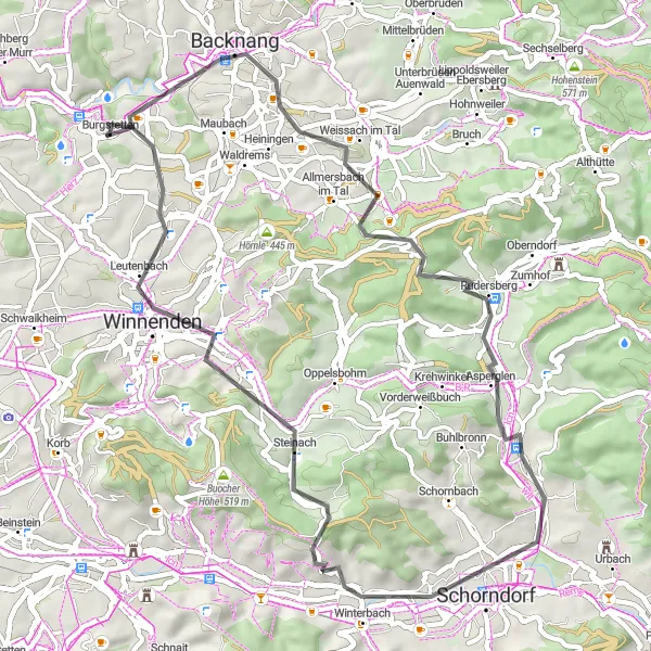 Karten-Miniaturansicht der Radinspiration "Backnang - Grafenberg - Burgstetten Tour" in Stuttgart, Germany. Erstellt vom Tarmacs.app-Routenplaner für Radtouren