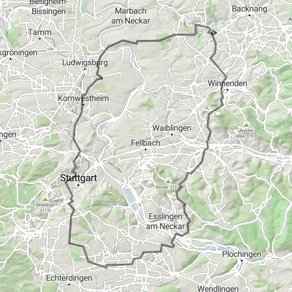 Karten-Miniaturansicht der Radinspiration "Winnenden - Korber Kopf - Naturbeobachtungsplatz Storchennest Tour" in Stuttgart, Germany. Erstellt vom Tarmacs.app-Routenplaner für Radtouren