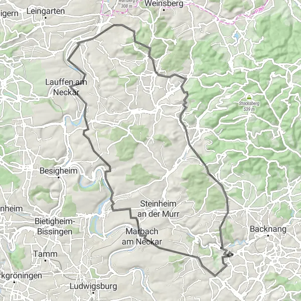 Map miniature of "Riding through Affalterbach and Lemberg" cycling inspiration in Stuttgart, Germany. Generated by Tarmacs.app cycling route planner
