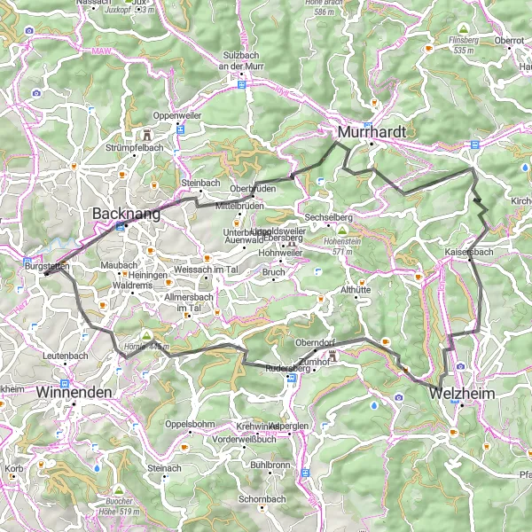 Map miniature of "Backnang to Burgstetten Loop" cycling inspiration in Stuttgart, Germany. Generated by Tarmacs.app cycling route planner