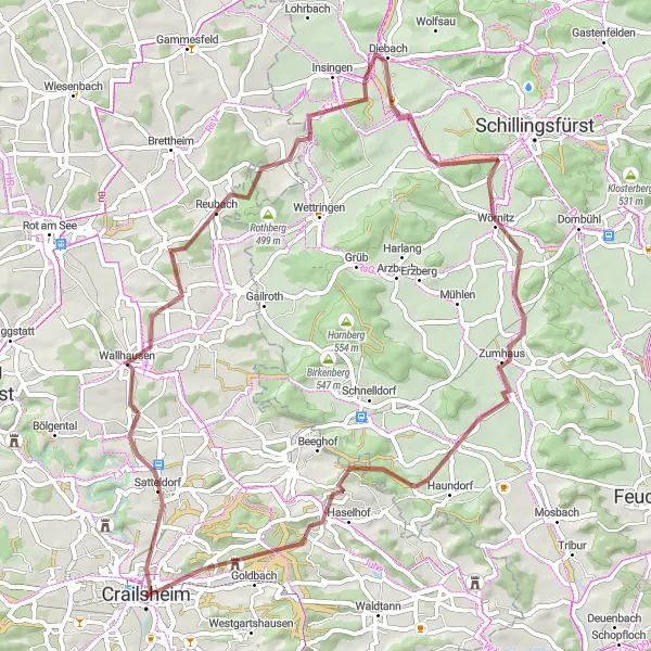 Karten-Miniaturansicht der Radinspiration "Satteldorf - Heckenberg - Oberoestheim - Wühlberg - Unterampfrach - Roter Berg - Mariäkappel" in Stuttgart, Germany. Erstellt vom Tarmacs.app-Routenplaner für Radtouren