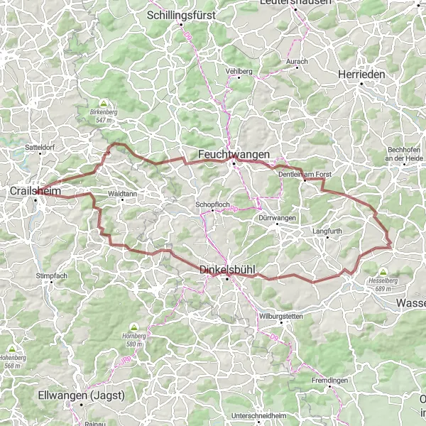 Map miniature of "Challenging Gravel Tour from Crailsheim to Dinkelsbühl" cycling inspiration in Stuttgart, Germany. Generated by Tarmacs.app cycling route planner