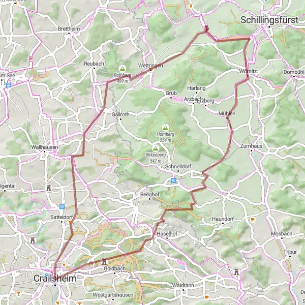 Map miniature of "Scenic Gravel Route from Crailsheim to Satteldorf" cycling inspiration in Stuttgart, Germany. Generated by Tarmacs.app cycling route planner