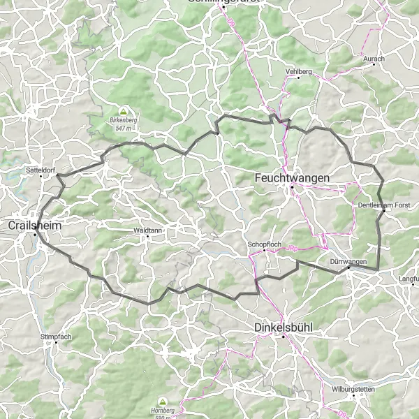 Karten-Miniaturansicht der Radinspiration "Abenteuerliche Tour um Crailsheim" in Stuttgart, Germany. Erstellt vom Tarmacs.app-Routenplaner für Radtouren