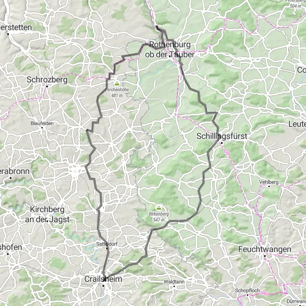 Karten-Miniaturansicht der Radinspiration "Radtour ab Crailsheim: Kulturelle Highlights und Naturerlebnisse" in Stuttgart, Germany. Erstellt vom Tarmacs.app-Routenplaner für Radtouren