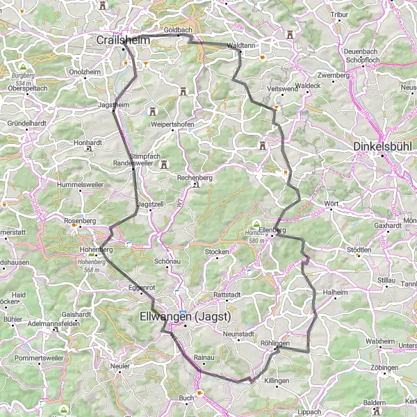 Karten-Miniaturansicht der Radinspiration "Rundweg ab Crailsheim: Durch Wald und Berge" in Stuttgart, Germany. Erstellt vom Tarmacs.app-Routenplaner für Radtouren