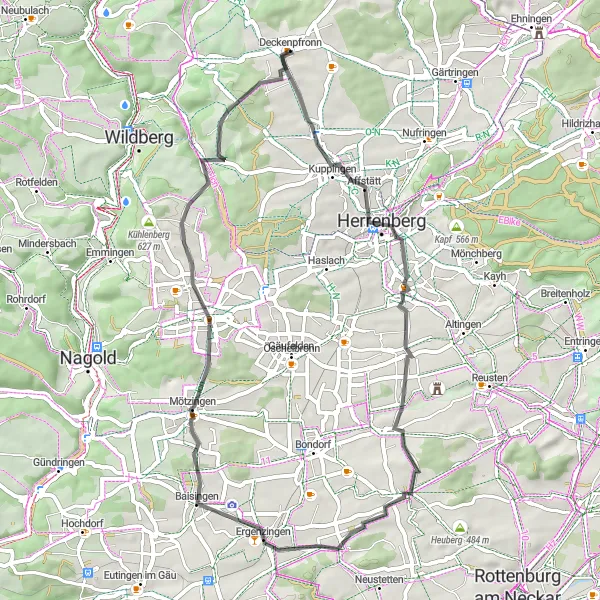 Karten-Miniaturansicht der Radinspiration "Rundweg ab Deckenpfronn über Herrenberg" in Stuttgart, Germany. Erstellt vom Tarmacs.app-Routenplaner für Radtouren