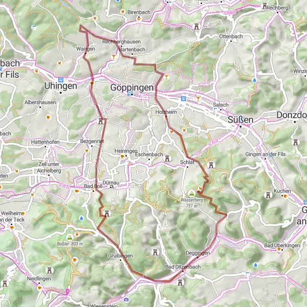 Map miniature of "Challenging Gravel Circuit to Haarberg" cycling inspiration in Stuttgart, Germany. Generated by Tarmacs.app cycling route planner