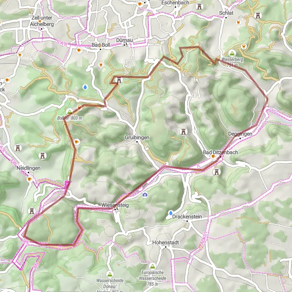 Map miniature of "Gravel Adventure to Boßler Mountain" cycling inspiration in Stuttgart, Germany. Generated by Tarmacs.app cycling route planner