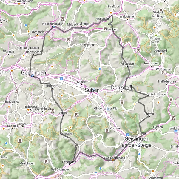 Map miniature of "Deggingen Loop" cycling inspiration in Stuttgart, Germany. Generated by Tarmacs.app cycling route planner