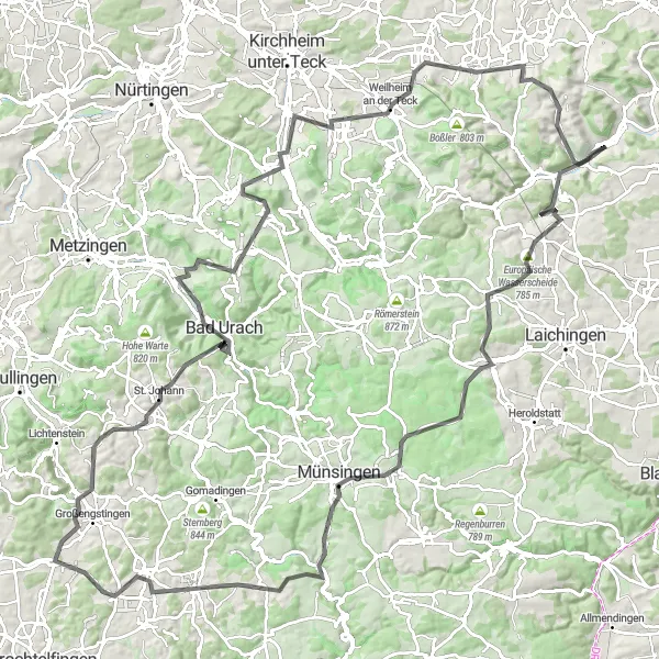Karten-Miniaturansicht der Radinspiration "Große Schwäbische Alb Tour" in Stuttgart, Germany. Erstellt vom Tarmacs.app-Routenplaner für Radtouren