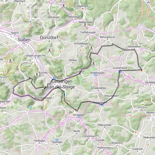Map miniature of "Unterböhringen Loop" cycling inspiration in Stuttgart, Germany. Generated by Tarmacs.app cycling route planner