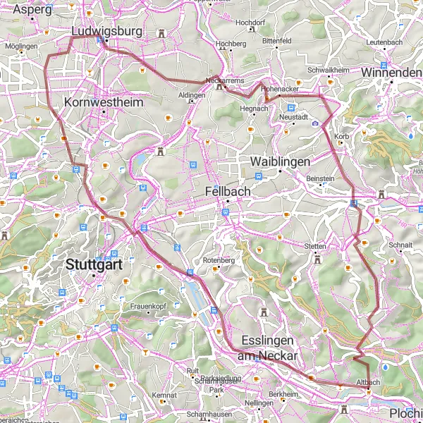 Karten-Miniaturansicht der Radinspiration "Gravel-Tour durch die Umgebung von Stuttgart" in Stuttgart, Germany. Erstellt vom Tarmacs.app-Routenplaner für Radtouren