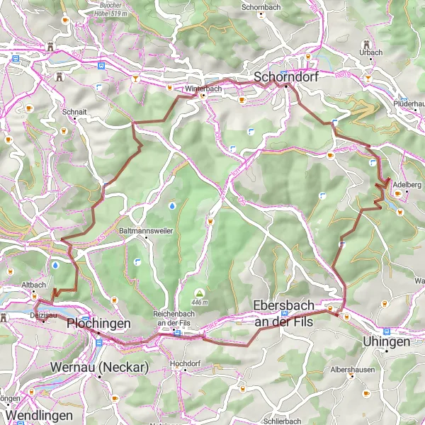 Karten-Miniaturansicht der Radinspiration "Gravel-Tour nach Ebersbach an der Fils und zurück" in Stuttgart, Germany. Erstellt vom Tarmacs.app-Routenplaner für Radtouren