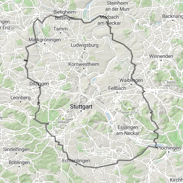 Karten-Miniaturansicht der Radinspiration "Historische Entdeckungsreise in der Umgebung von Stuttgart" in Stuttgart, Germany. Erstellt vom Tarmacs.app-Routenplaner für Radtouren
