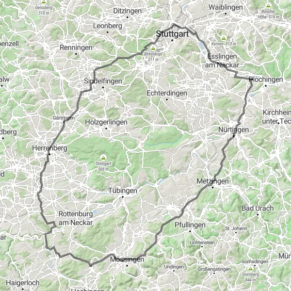 Karten-Miniaturansicht der Radinspiration "Road-Tour durch die schwäbische Alb" in Stuttgart, Germany. Erstellt vom Tarmacs.app-Routenplaner für Radtouren