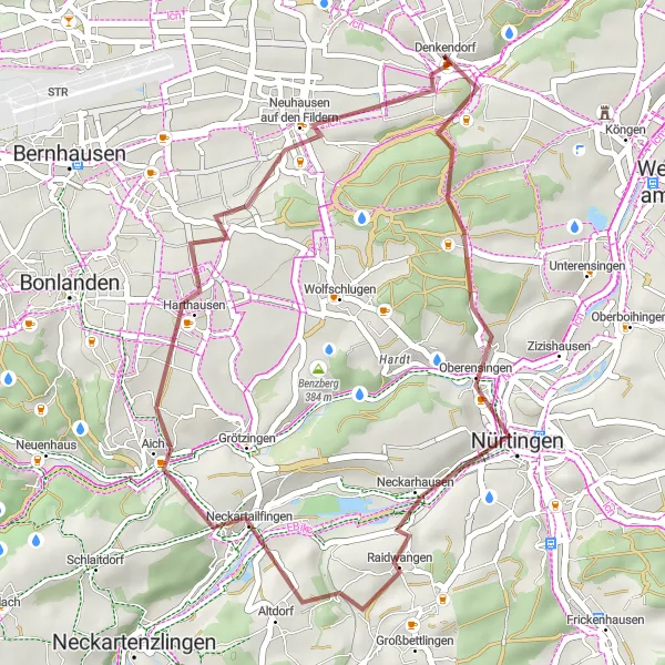 Karten-Miniaturansicht der Radinspiration "Graveltour durch die Natur rund um Denkendorf" in Stuttgart, Germany. Erstellt vom Tarmacs.app-Routenplaner für Radtouren