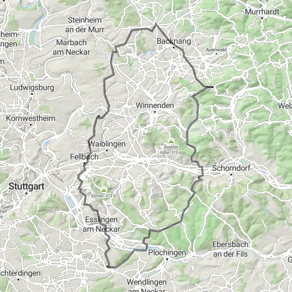 Karten-Miniaturansicht der Radinspiration "Road Trip durch Esslingen und Affalterbach" in Stuttgart, Germany. Erstellt vom Tarmacs.app-Routenplaner für Radtouren