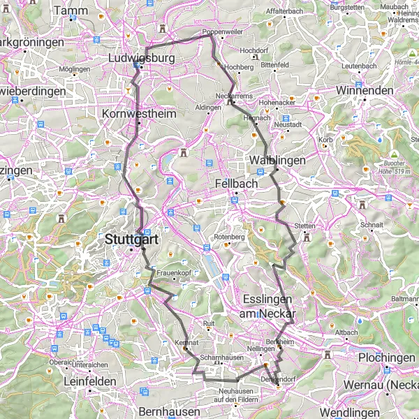Karten-Miniaturansicht der Radinspiration "Radtour durch Kornwestheim und Waiblingen" in Stuttgart, Germany. Erstellt vom Tarmacs.app-Routenplaner für Radtouren