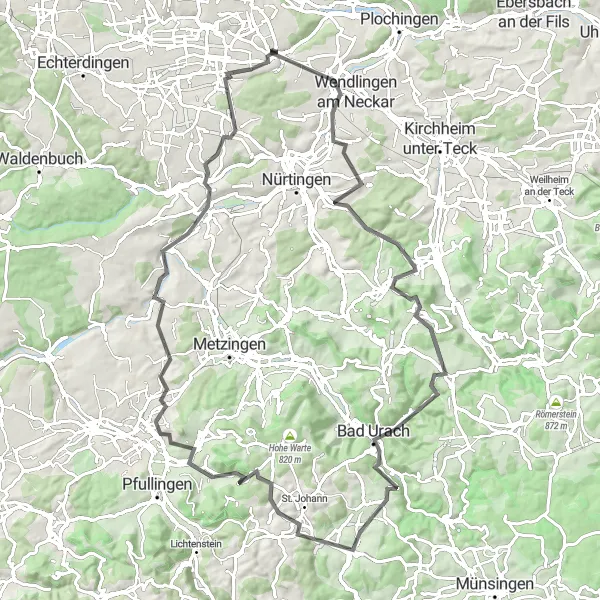 Karten-Miniaturansicht der Radinspiration "Rundfahrt durch Erkenbrechtsweiler und Eningen unter Achalm" in Stuttgart, Germany. Erstellt vom Tarmacs.app-Routenplaner für Radtouren