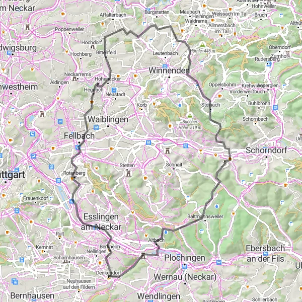 Karten-Miniaturansicht der Radinspiration "Roadbike-Tour durch das Neckartal" in Stuttgart, Germany. Erstellt vom Tarmacs.app-Routenplaner für Radtouren