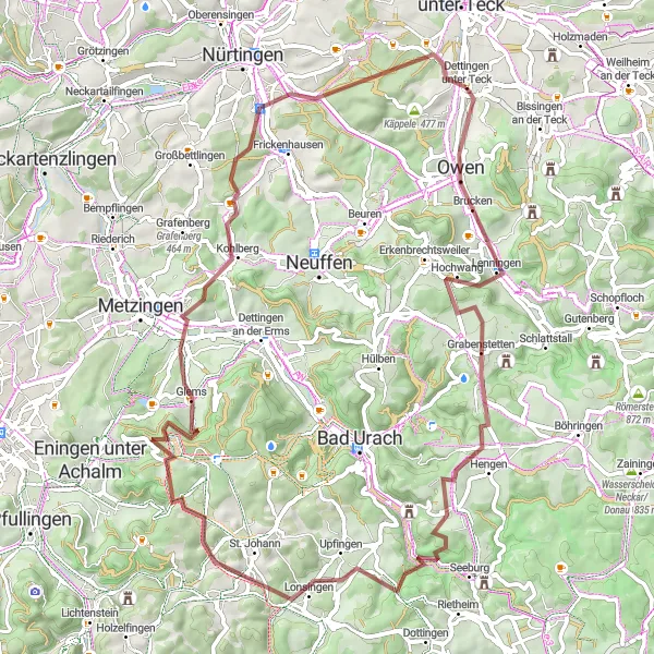Map miniature of "The Swabian Gravel Challenge" cycling inspiration in Stuttgart, Germany. Generated by Tarmacs.app cycling route planner