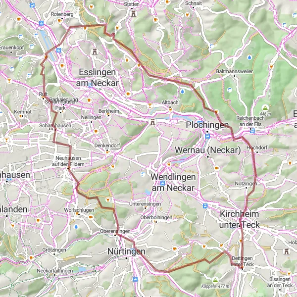 Karten-Miniaturansicht der Radinspiration "Gravel-Challenge durch die Filderebene" in Stuttgart, Germany. Erstellt vom Tarmacs.app-Routenplaner für Radtouren