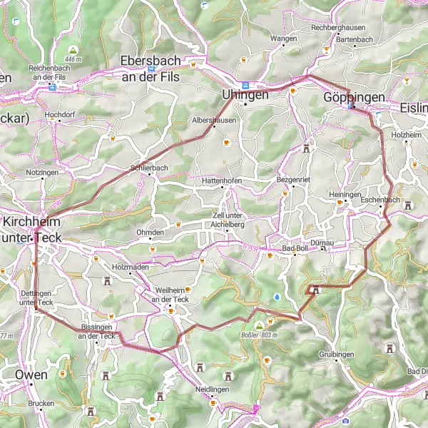 Map miniature of "Gravel Adventures: Dettingen Loop" cycling inspiration in Stuttgart, Germany. Generated by Tarmacs.app cycling route planner