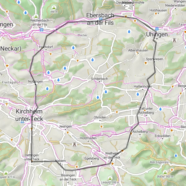 Map miniature of "The Uhingen Loop" cycling inspiration in Stuttgart, Germany. Generated by Tarmacs.app cycling route planner