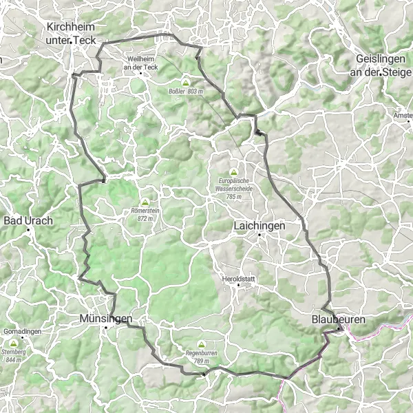 Karten-Miniaturansicht der Radinspiration "Über Hügel und Täler bis nach Münsingen" in Stuttgart, Germany. Erstellt vom Tarmacs.app-Routenplaner für Radtouren