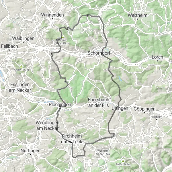 Map miniature of "Hills and Valleys: Dettingen Adventure" cycling inspiration in Stuttgart, Germany. Generated by Tarmacs.app cycling route planner