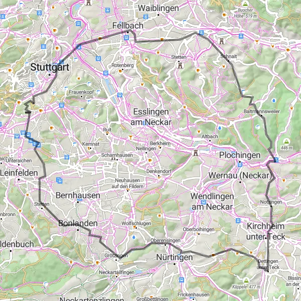 Karten-Miniaturansicht der Radinspiration "Rundweg über Stuttgart und Kirchheim unter Teck" in Stuttgart, Germany. Erstellt vom Tarmacs.app-Routenplaner für Radtouren