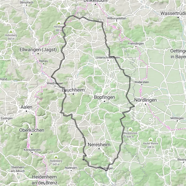 Karten-Miniaturansicht der Radinspiration "Cycling-Highlights rund um Dischingen: Entdecken Sie das Schwabenland" in Stuttgart, Germany. Erstellt vom Tarmacs.app-Routenplaner für Radtouren
