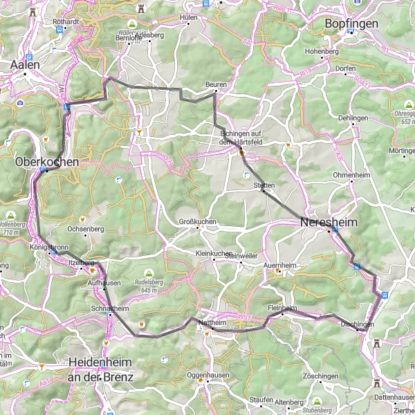 Karten-Miniaturansicht der Radinspiration "Herausforderung auf dem Rad: Die Hügelroute um Dischingen" in Stuttgart, Germany. Erstellt vom Tarmacs.app-Routenplaner für Radtouren