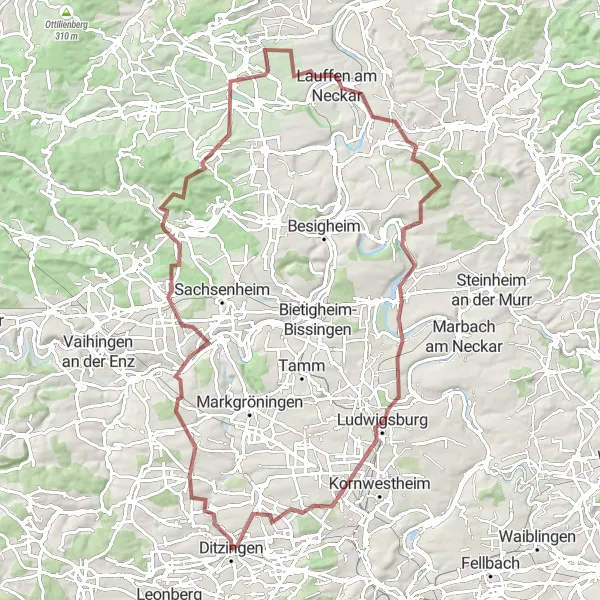 Karten-Miniaturansicht der Radinspiration "Durch Hügel und Täler" in Stuttgart, Germany. Erstellt vom Tarmacs.app-Routenplaner für Radtouren