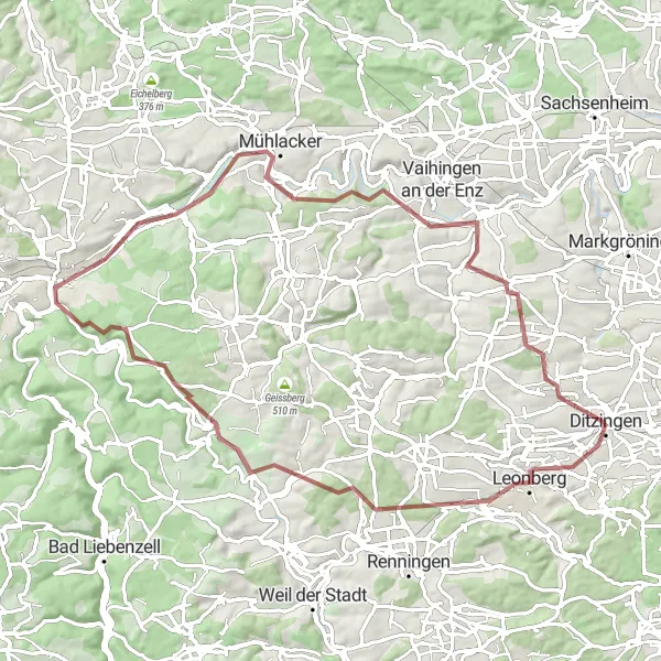 Karten-Miniaturansicht der Radinspiration "Gravel-Tour durch die Natur rund um Ditzingen" in Stuttgart, Germany. Erstellt vom Tarmacs.app-Routenplaner für Radtouren